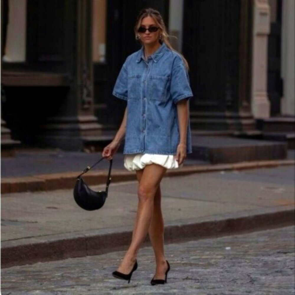 Denim Top Snap Front Short Sleeve Size Large